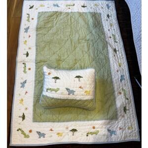 Pottery Barn Kids Embroidered Green White Gingham Baby Quilt and Pillow